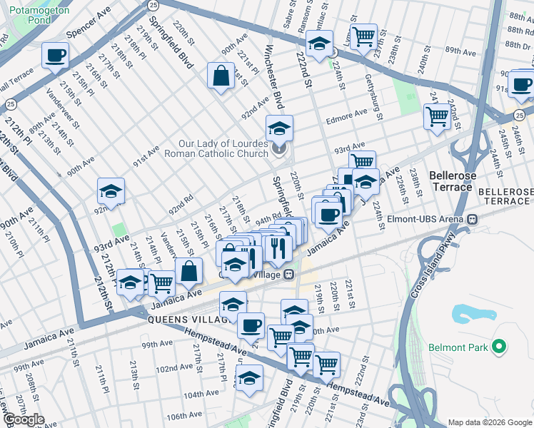 map of restaurants, bars, coffee shops, grocery stores, and more near 218-37 94th Road in Queens