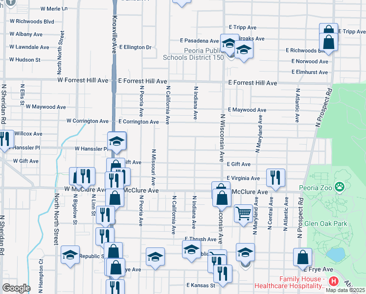 map of restaurants, bars, coffee shops, grocery stores, and more near 521 East Seneca Place in Peoria