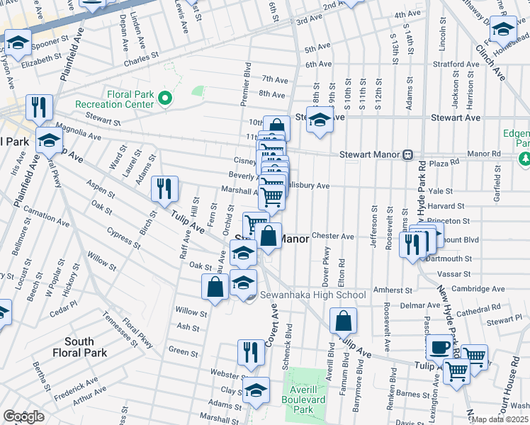 map of restaurants, bars, coffee shops, grocery stores, and more near 83 Covert Avenue in Floral Park
