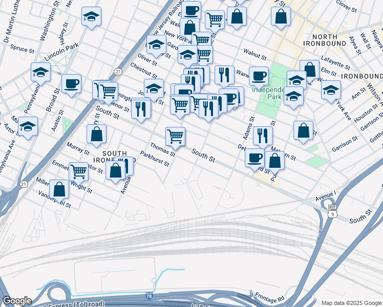 map of restaurants, bars, coffee shops, grocery stores, and more near 255 South Street in Newark