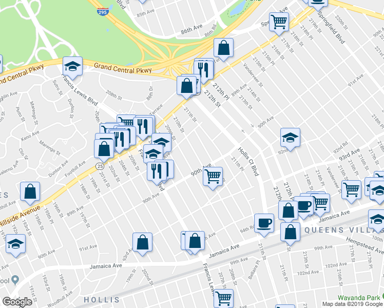 map of restaurants, bars, coffee shops, grocery stores, and more near 89-38 210th Street in Queens