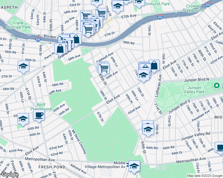 map of restaurants, bars, coffee shops, grocery stores, and more near 60-45 69th Street in Queens