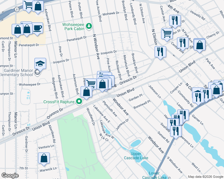 map of restaurants, bars, coffee shops, grocery stores, and more near 175 Orinoco Drive in Brightwaters