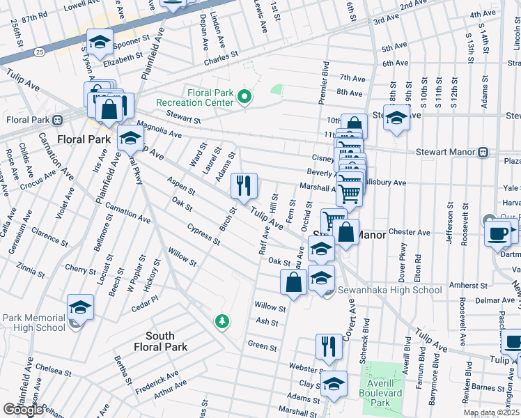 map of restaurants, bars, coffee shops, grocery stores, and more near 20 Hill Street in Floral Park
