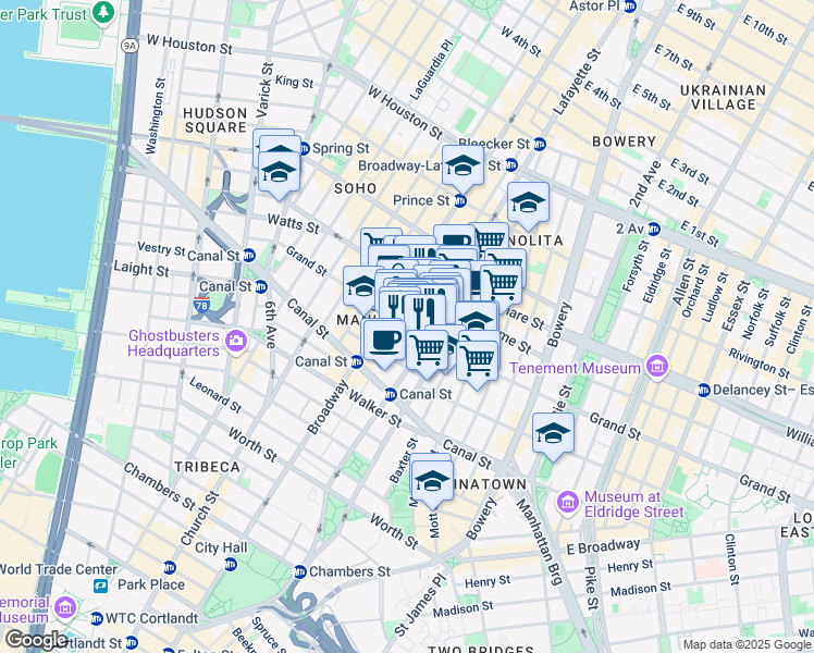 map of restaurants, bars, coffee shops, grocery stores, and more near Grand Street in New York