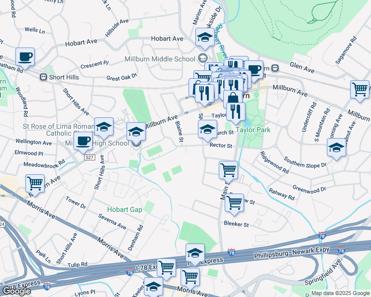 map of restaurants, bars, coffee shops, grocery stores, and more near 92 Rector Street in Millburn