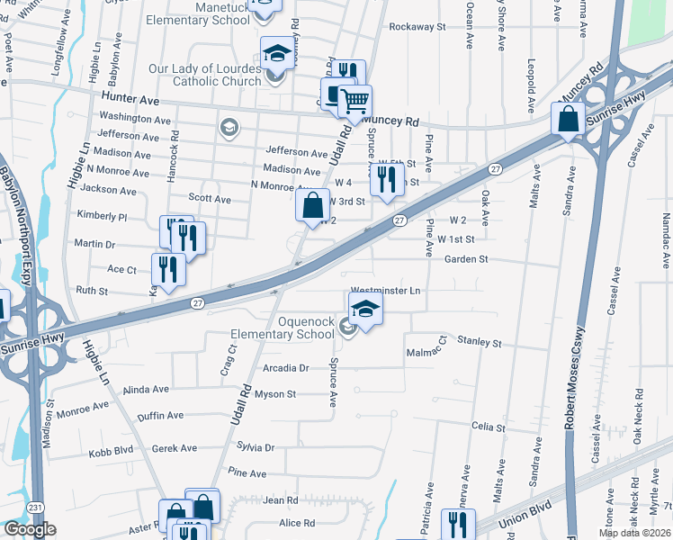 map of restaurants, bars, coffee shops, grocery stores, and more near 18 Oliva Court in West Islip