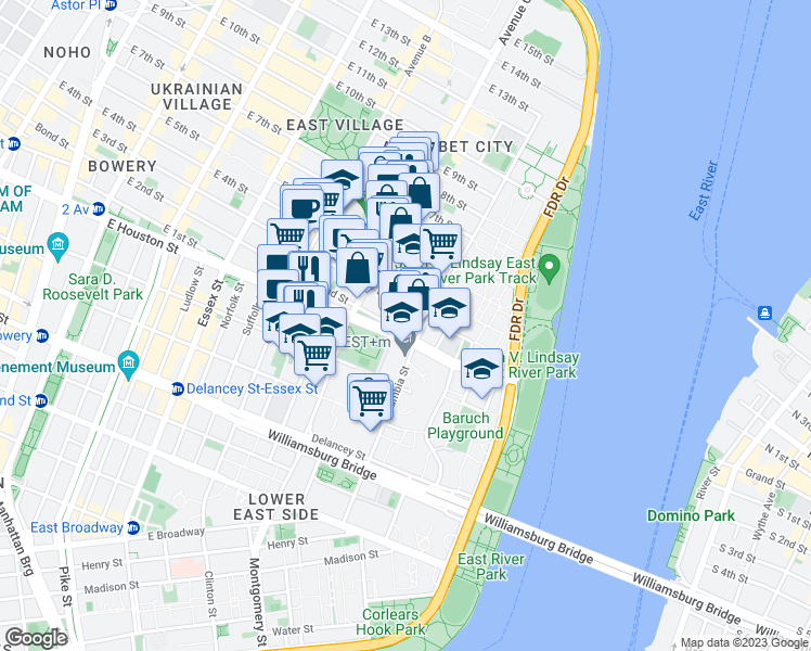 map of restaurants, bars, coffee shops, grocery stores, and more near 302 East 2nd Street in New York
