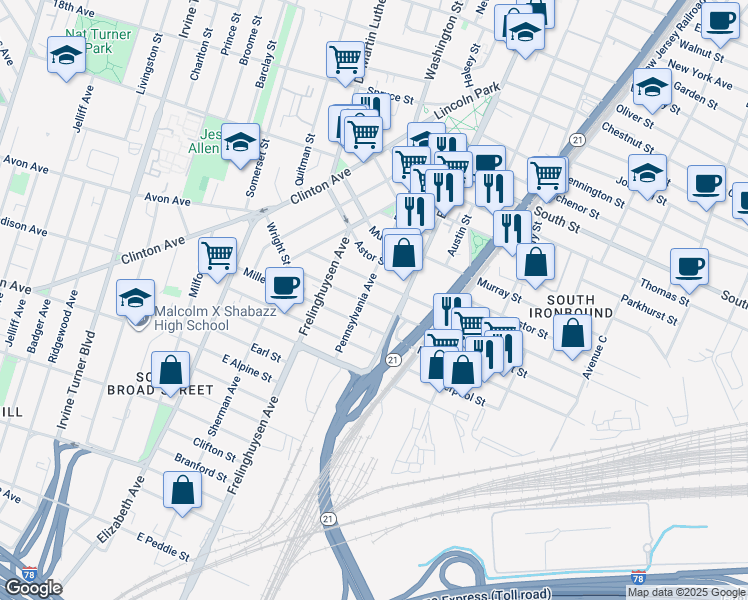 map of restaurants, bars, coffee shops, grocery stores, and more near 137 Pennsylvania Avenue in Newark