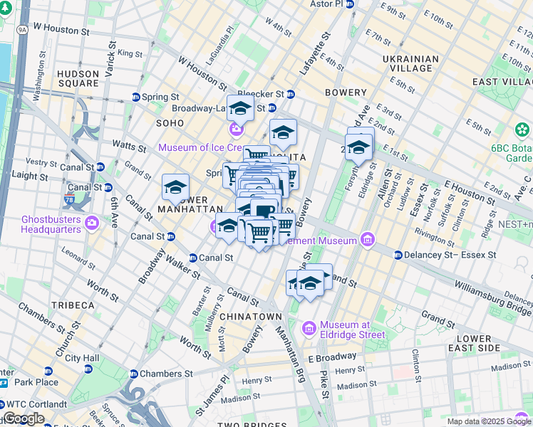 map of restaurants, bars, coffee shops, grocery stores, and more near 384 Broome Street in New York