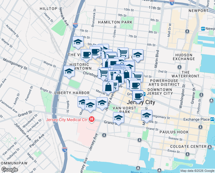 map of restaurants, bars, coffee shops, grocery stores, and more near 116 Wayne Street in Jersey City