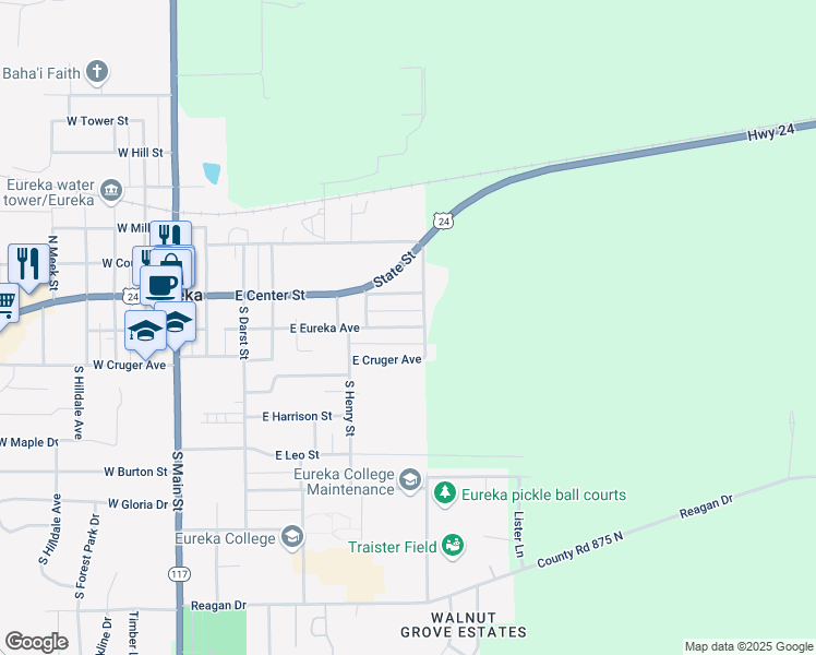 map of restaurants, bars, coffee shops, grocery stores, and more near 617 East Eureka Avenue in Eureka