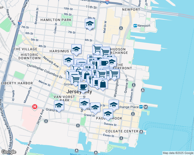 map of restaurants, bars, coffee shops, grocery stores, and more near 155 Bay Street in Jersey City
