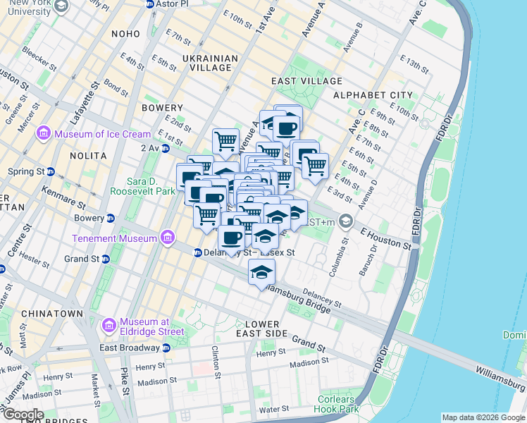 map of restaurants, bars, coffee shops, grocery stores, and more near 26 Clinton Street in New York