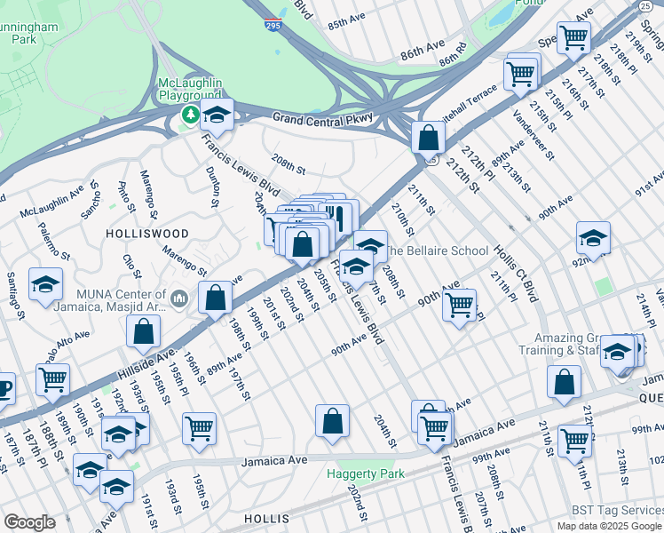 map of restaurants, bars, coffee shops, grocery stores, and more near 88-14 Francis Lewis Boulevard in Queens