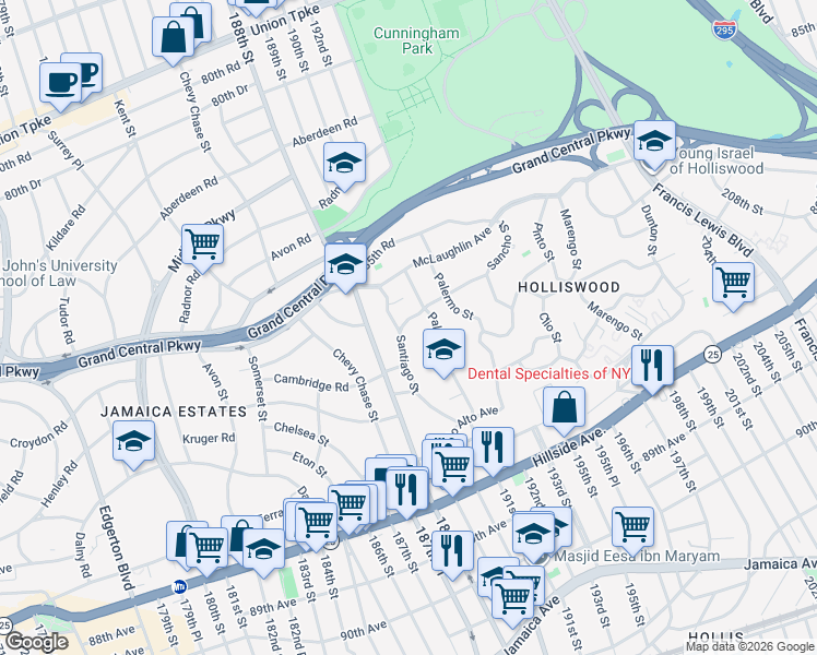 map of restaurants, bars, coffee shops, grocery stores, and more near 190-06 Nero Avenue in Queens