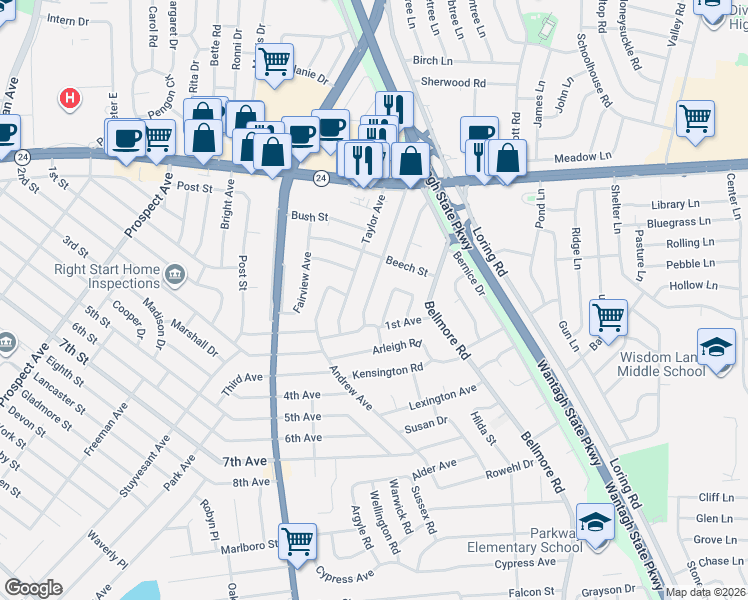 map of restaurants, bars, coffee shops, grocery stores, and more near 133 Diamond Avenue in East Meadow