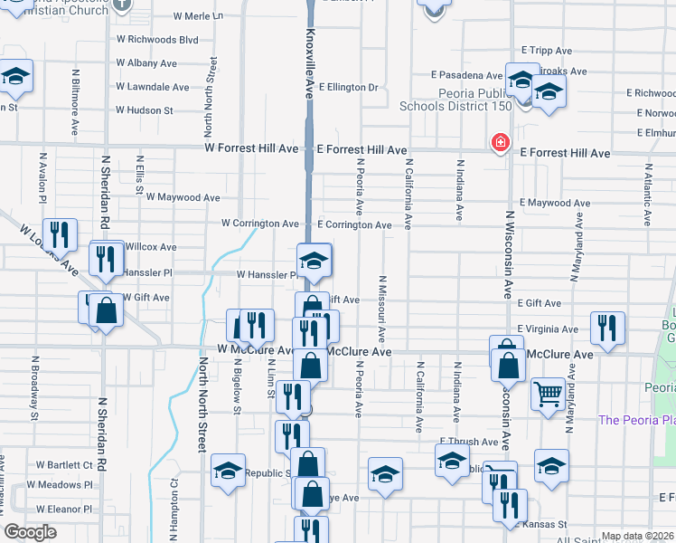map of restaurants, bars, coffee shops, grocery stores, and more near 2704 North Dechman Avenue in Peoria