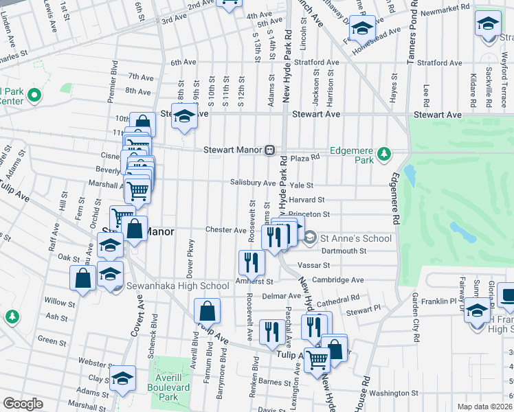 map of restaurants, bars, coffee shops, grocery stores, and more near 64 Roosevelt Street in Garden City