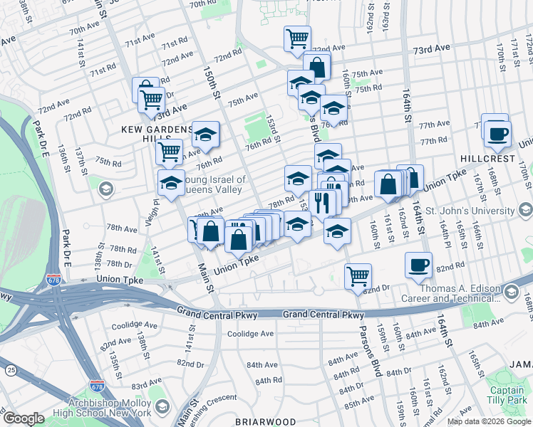 map of restaurants, bars, coffee shops, grocery stores, and more near 150-02 78th Road in Queens