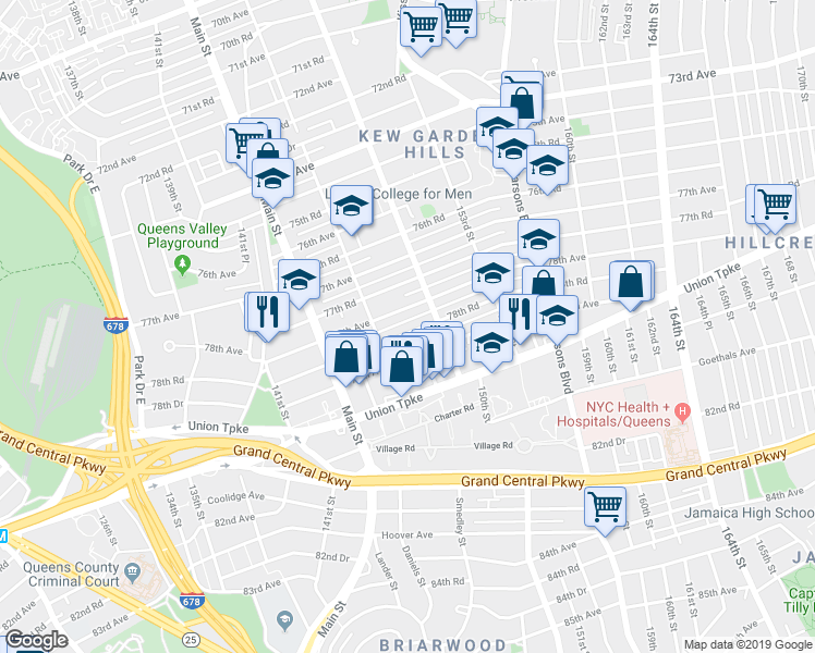 map of restaurants, bars, coffee shops, grocery stores, and more near 147-35 78th Road in Queens