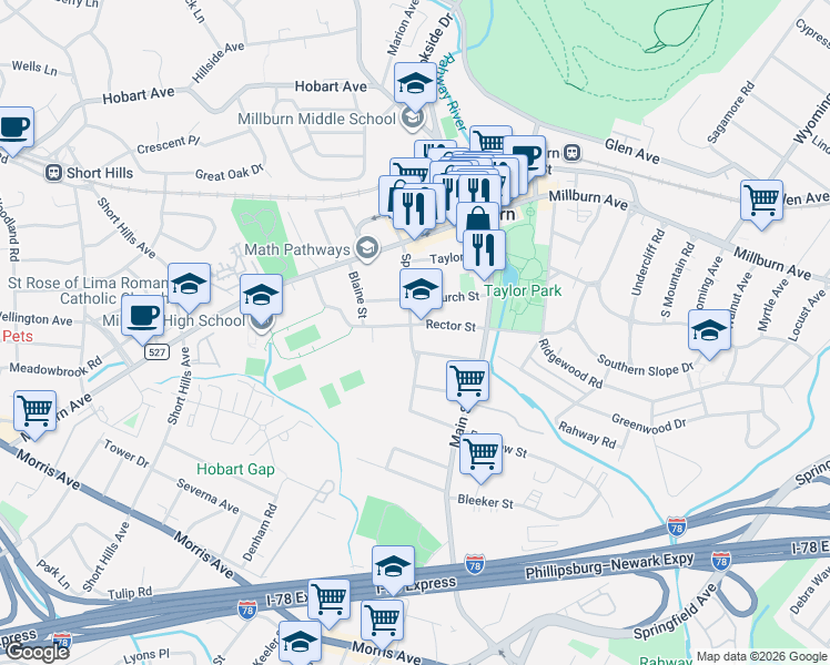 map of restaurants, bars, coffee shops, grocery stores, and more near 60 Rector Street in Essex County