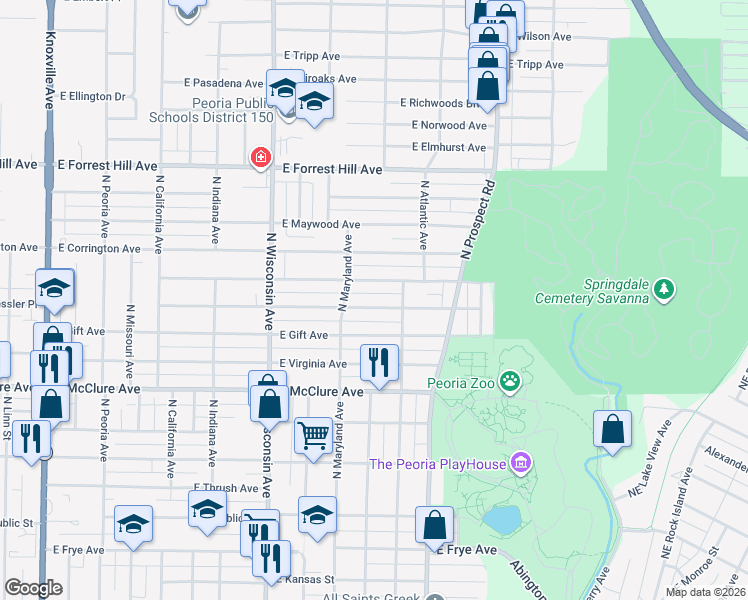 map of restaurants, bars, coffee shops, grocery stores, and more near 1011 East Seneca Place in Peoria