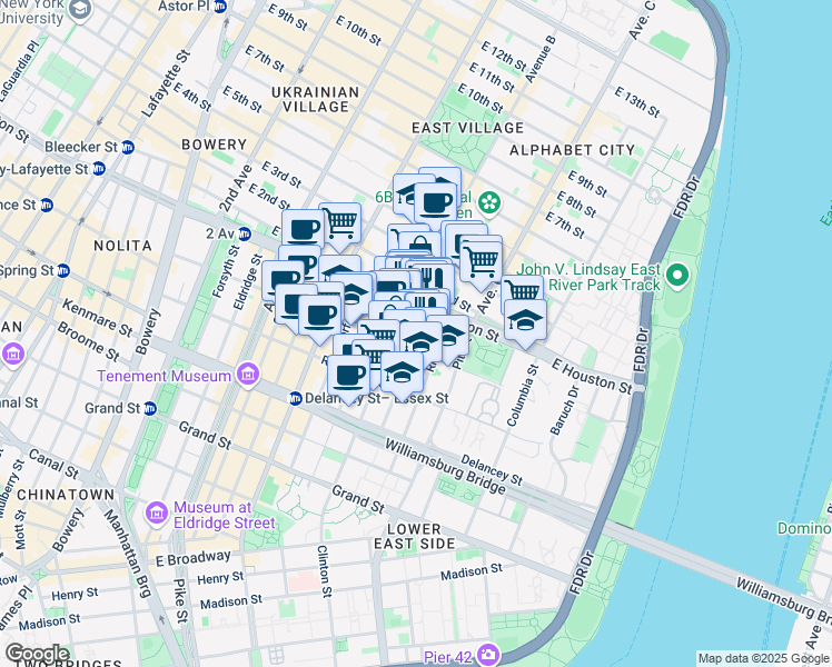 map of restaurants, bars, coffee shops, grocery stores, and more near 162 Attorney Street in New York