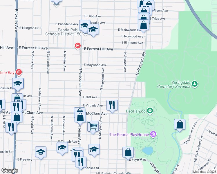 map of restaurants, bars, coffee shops, grocery stores, and more near 1011 East Seneca Place in Peoria