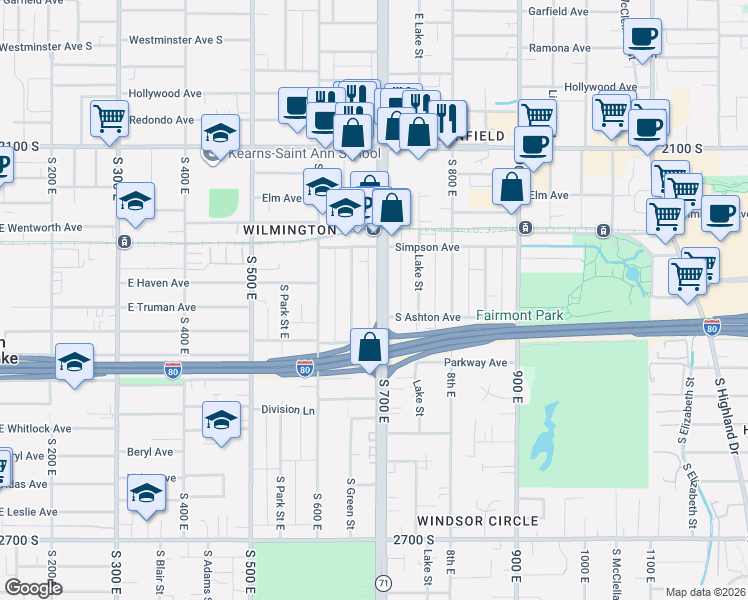 map of restaurants, bars, coffee shops, grocery stores, and more near 2308 South 700 East in Salt Lake City