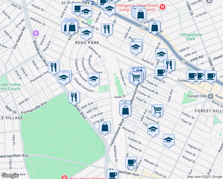 map of restaurants, bars, coffee shops, grocery stores, and more near 65-31 Alderton Street in Queens