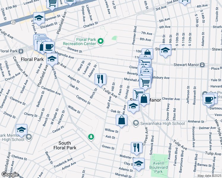 map of restaurants, bars, coffee shops, grocery stores, and more near 20 Hill Street in Floral Park