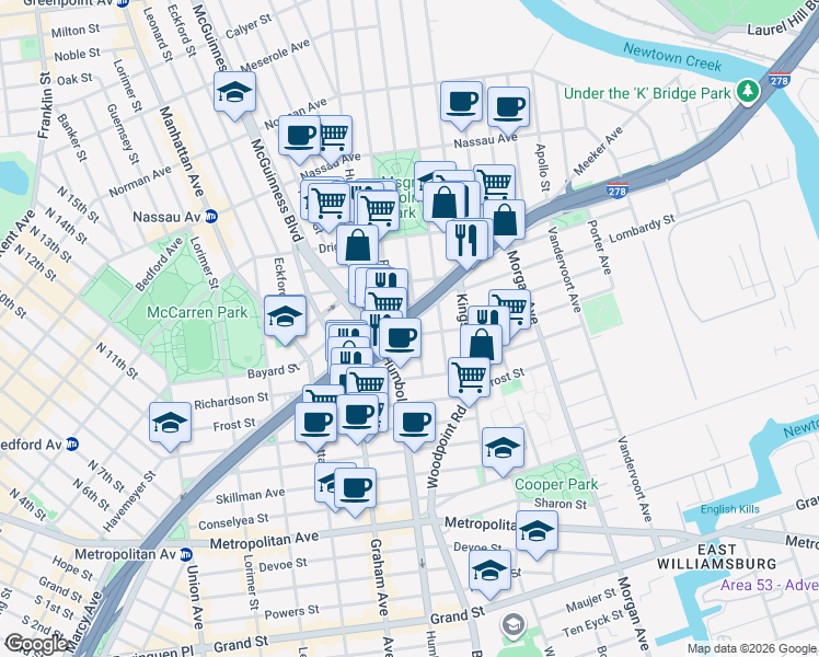 map of restaurants, bars, coffee shops, grocery stores, and more near 71 Herbert Street in Brooklyn