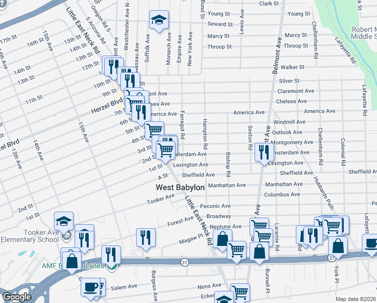 map of restaurants, bars, coffee shops, grocery stores, and more near 45 Amsterdam Avenue in West Babylon