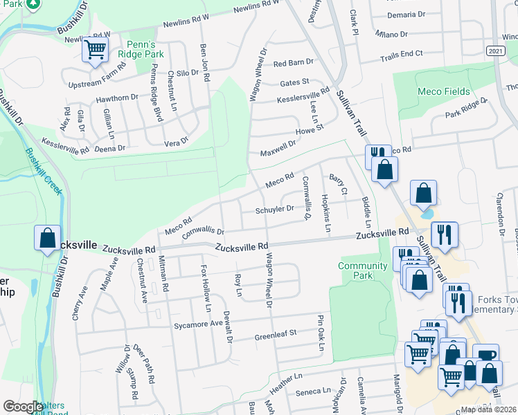 map of restaurants, bars, coffee shops, grocery stores, and more near 905 Schuyler Drive in Easton