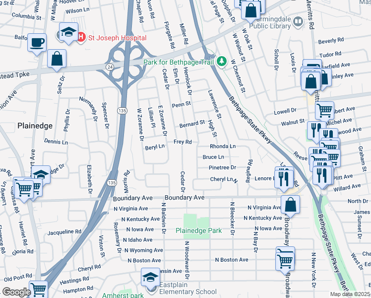 map of restaurants, bars, coffee shops, grocery stores, and more near 65 Cedar Drive in Farmingdale