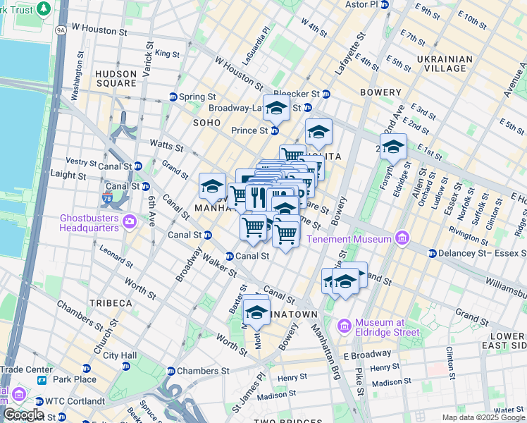 map of restaurants, bars, coffee shops, grocery stores, and more near 400 Broome Street in New York