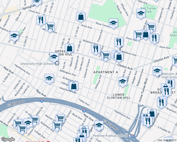 map of restaurants, bars, coffee shops, grocery stores, and more near 54-56 Osborne Terrace in Newark