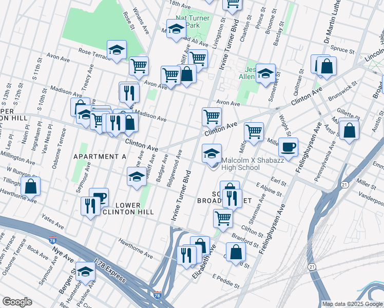 map of restaurants, bars, coffee shops, grocery stores, and more near 394 Irvine Turner Boulevard in Newark