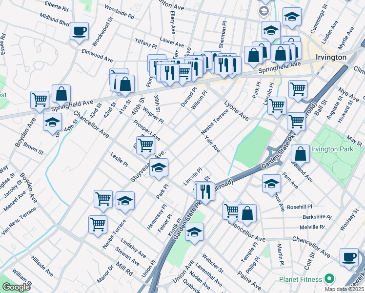 map of restaurants, bars, coffee shops, grocery stores, and more near 170 Nesbit Terrace in Irvington