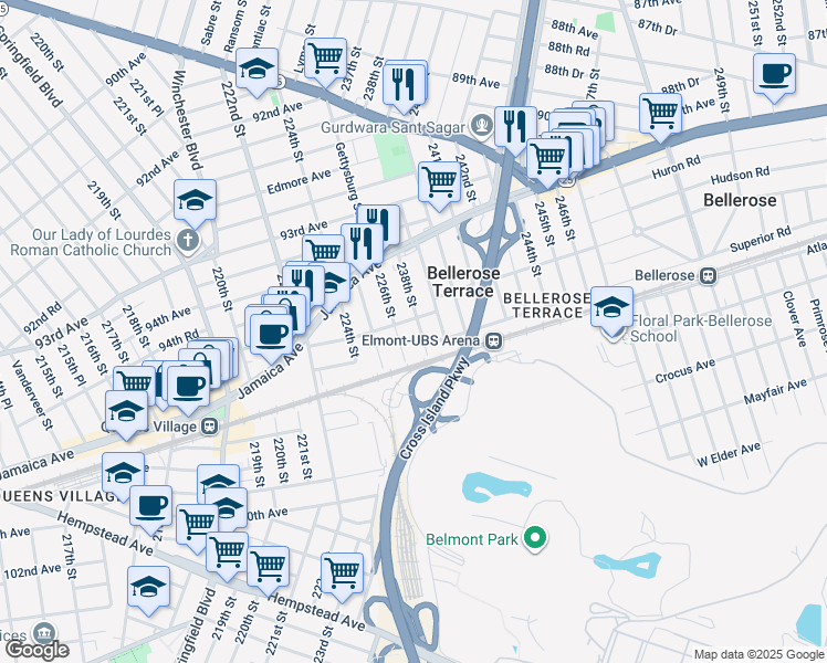 map of restaurants, bars, coffee shops, grocery stores, and more near 9510 238th Street in Floral Park
