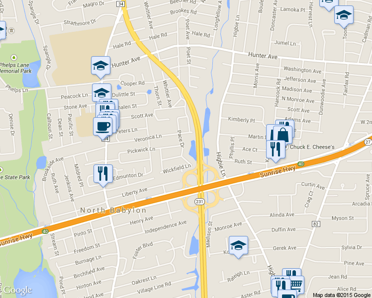 map of restaurants, bars, coffee shops, grocery stores, and more near 57 Pace Drive in North Babylon