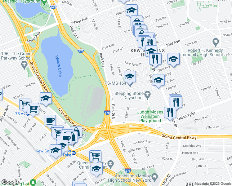 map of restaurants, bars, coffee shops, grocery stores, and more near 135-12 77th Avenue in Queens