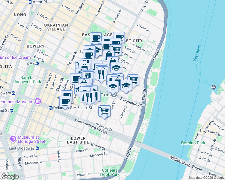 map of restaurants, bars, coffee shops, grocery stores, and more near 274 East 2nd Street in New York