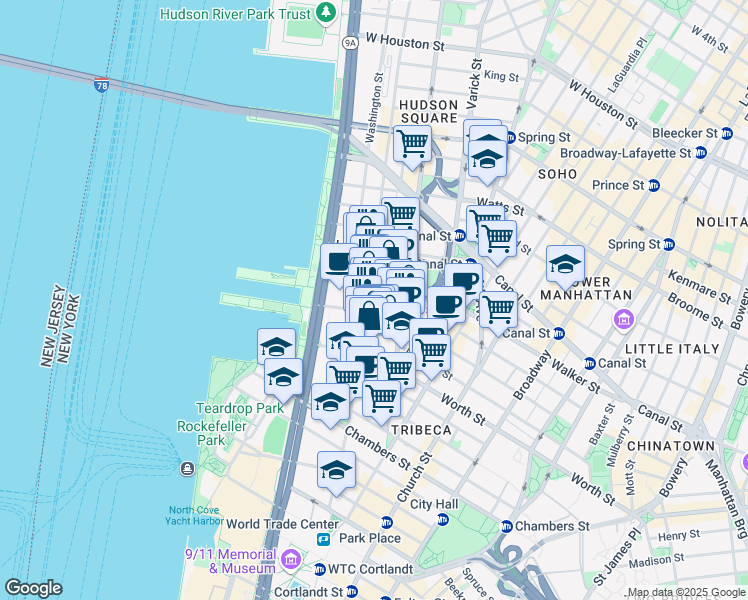 map of restaurants, bars, coffee shops, grocery stores, and more near 393 Greenwich Street in New York