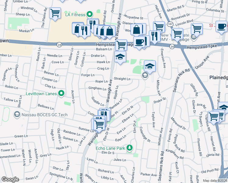 map of restaurants, bars, coffee shops, grocery stores, and more near 89 Wantagh Avenue in Levittown