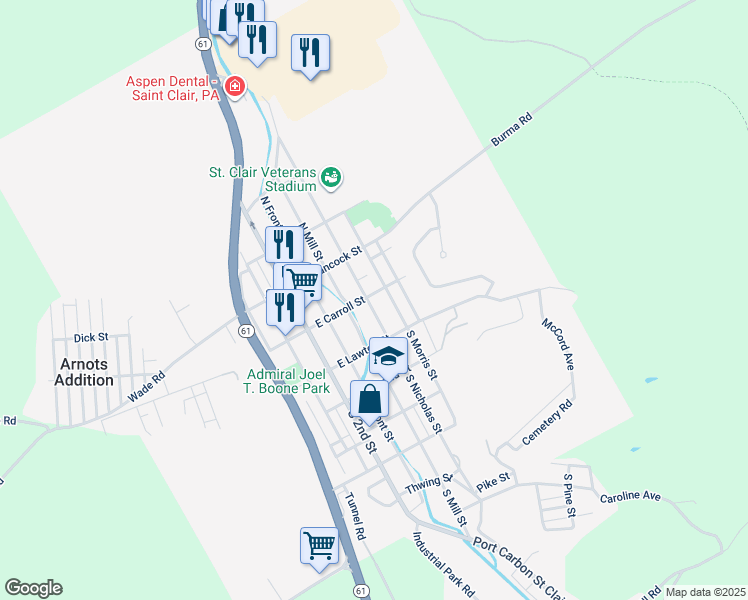 map of restaurants, bars, coffee shops, grocery stores, and more near Nichols Street in Schuylkill County
