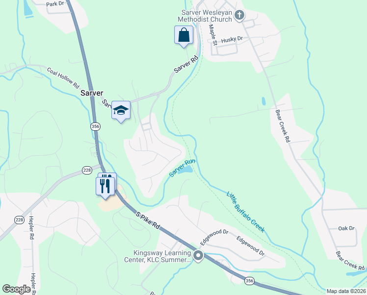 map of restaurants, bars, coffee shops, grocery stores, and more near 171 Creek Side Drive in Sarver