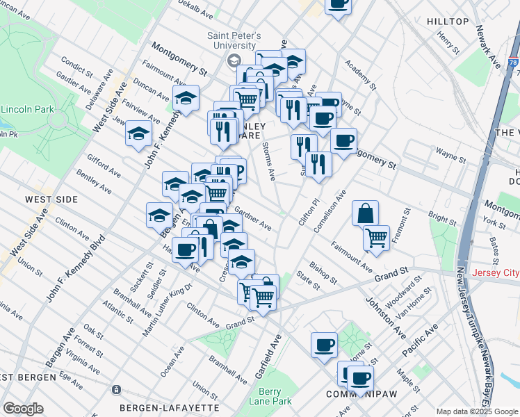 map of restaurants, bars, coffee shops, grocery stores, and more near 35 Jewett Avenue in Jersey City