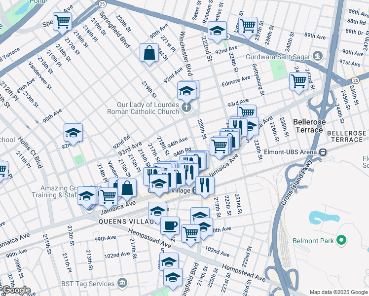 map of restaurants, bars, coffee shops, grocery stores, and more near 218-37 94th Road in Queens